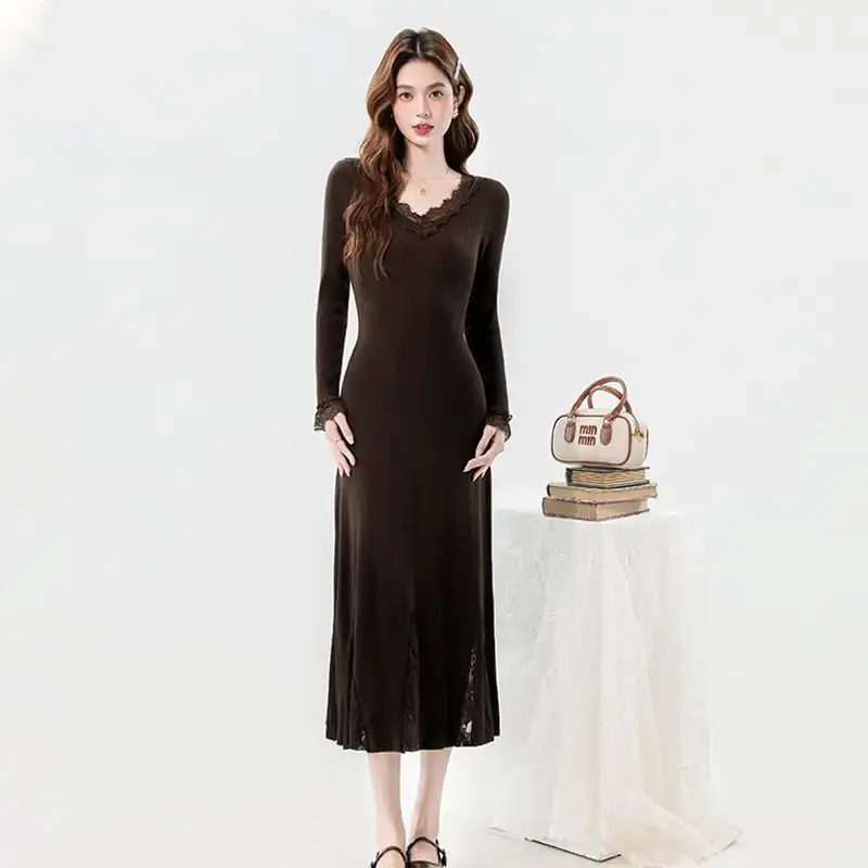 ワンピース 4色展開 レース エレガント ニット 長袖 ベージュ ブラック コーヒー色 ダークブルー