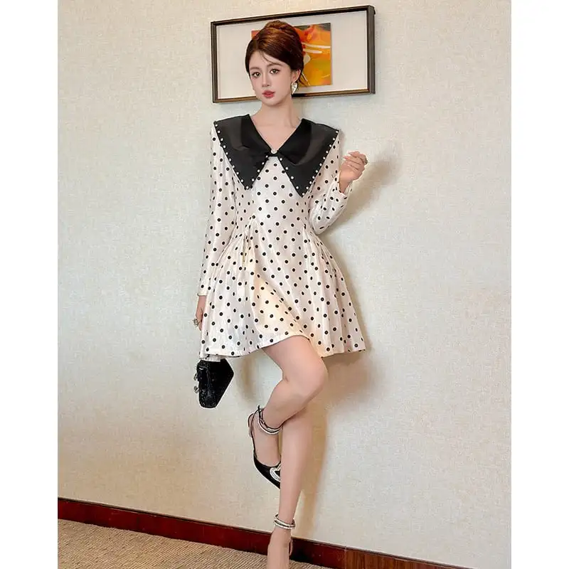 ワンピース ドット柄 長袖 ラウンドカラー ラインストーン