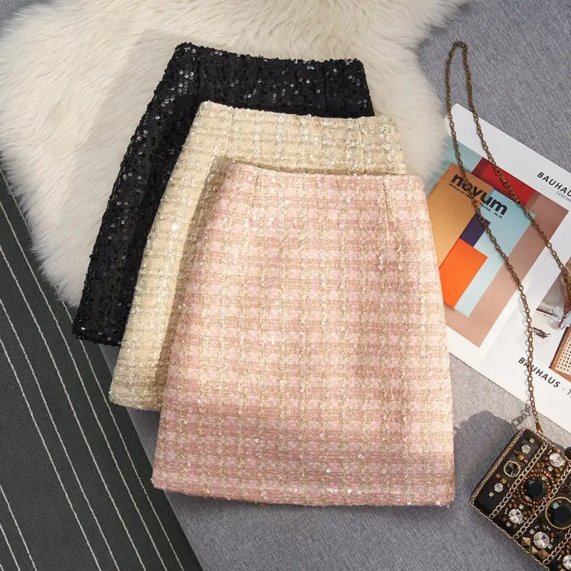 ボトムス スカート 3色展開 ミニスカート ツイード ハイウエスト スパンコール