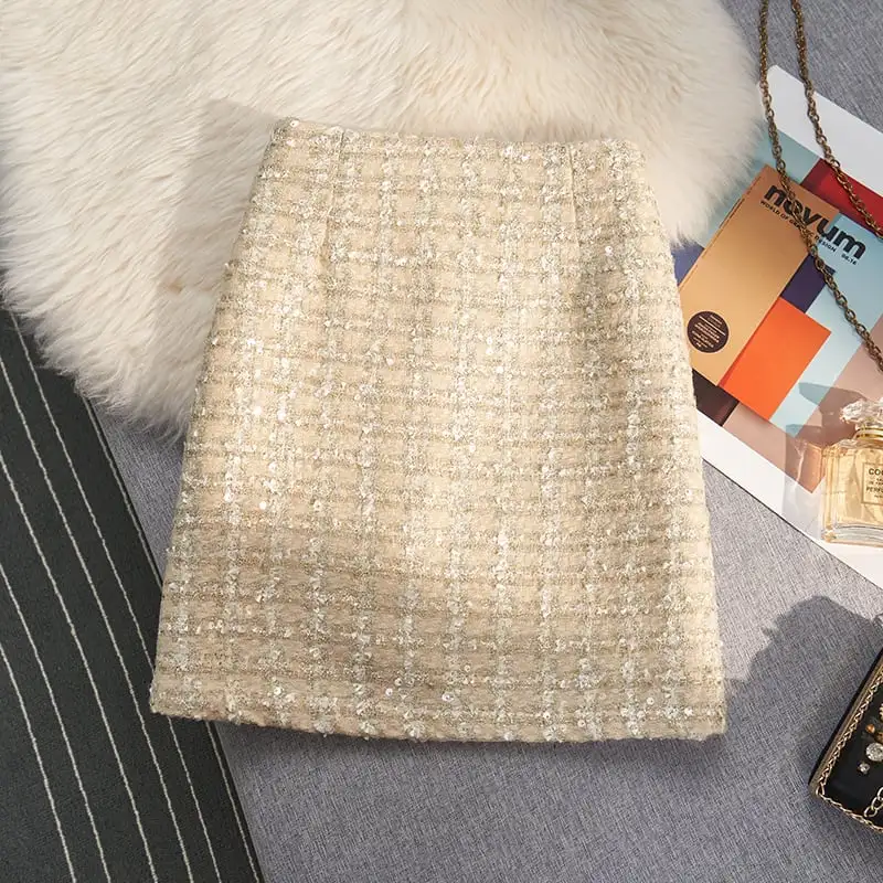 ボトムス スカート 3色展開 ミニスカート ツイード ハイウエスト スパンコール