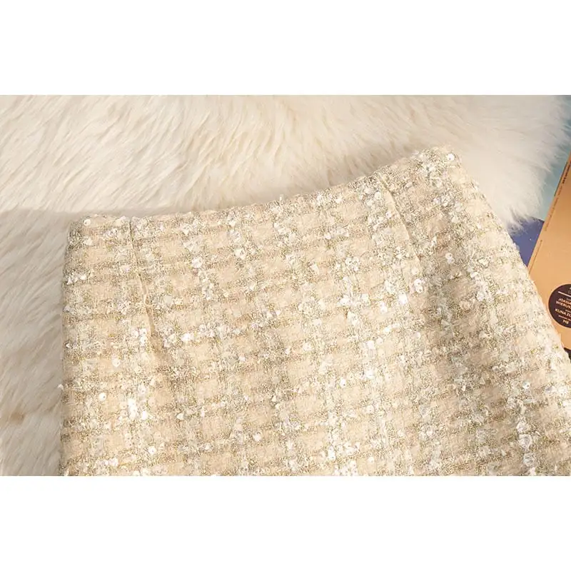 ボトムス スカート 3色展開 ミニスカート ツイード ハイウエスト スパンコール