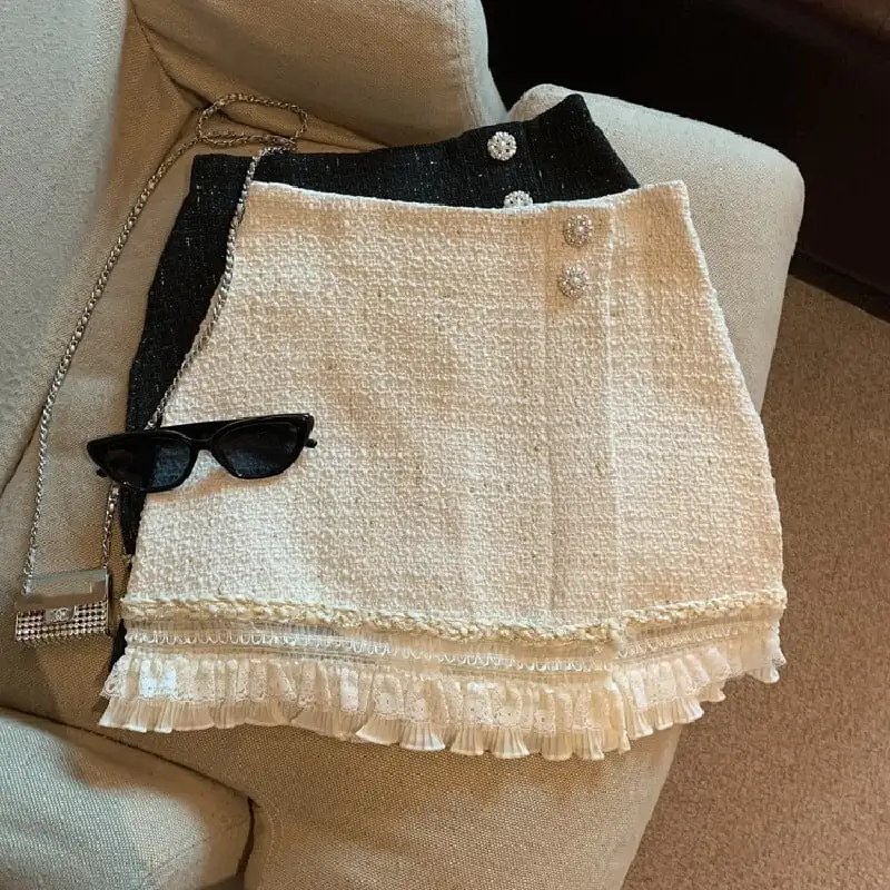 ボトムス スカート 2色展開 ミニスカート ハイウエスト レース ツイード