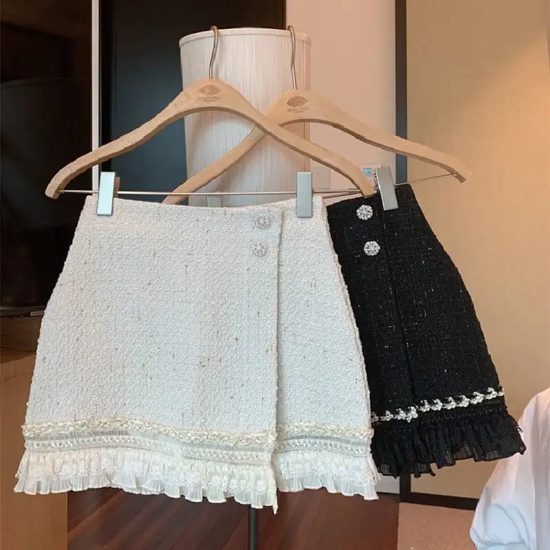 ボトムス スカート 2色展開 ミニスカート ハイウエスト レース ツイード