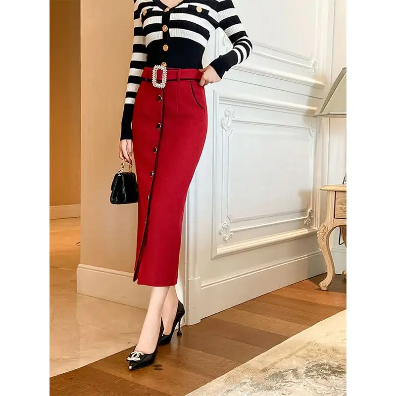 ボトムス スカート OL/通勤 ベルト付き ロング丈 厚手 暖かい ラシャ