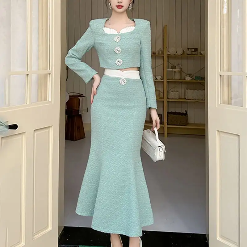 ボトムス スカート OL/通勤 切り替え ツイード フィッシュテール ライトグリーン