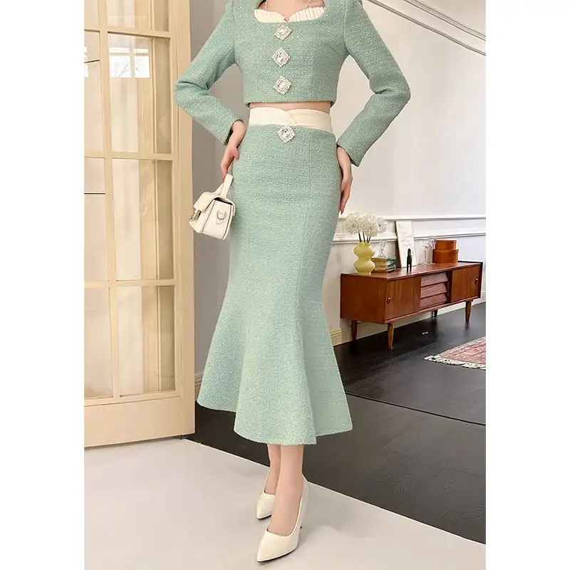 ボトムス スカート OL/通勤 切り替え ツイード フィッシュテール ライトグリーン