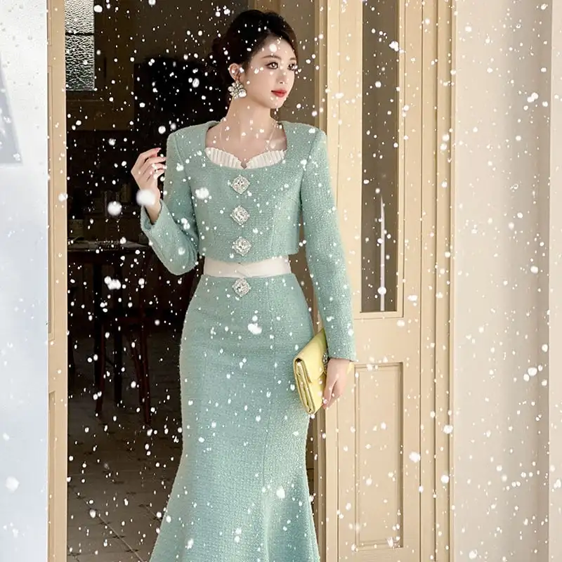 ボトムス スカート OL/通勤 切り替え ツイード フィッシュテール ライトグリーン