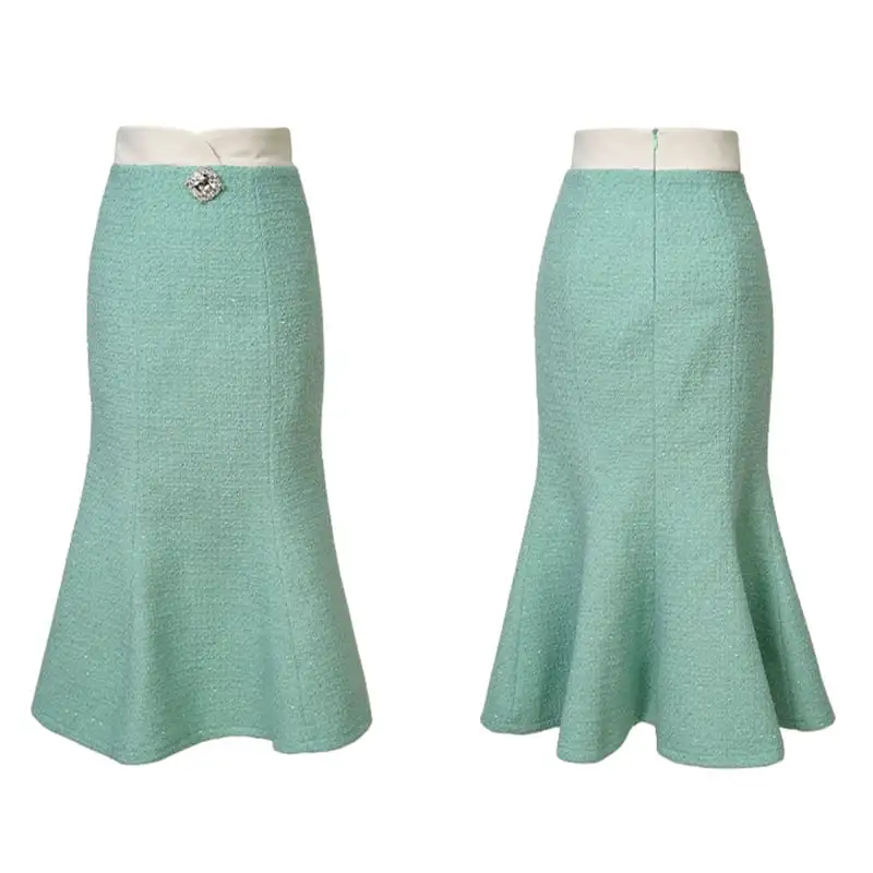 ボトムス スカート OL/通勤 切り替え ツイード フィッシュテール ライトグリーン