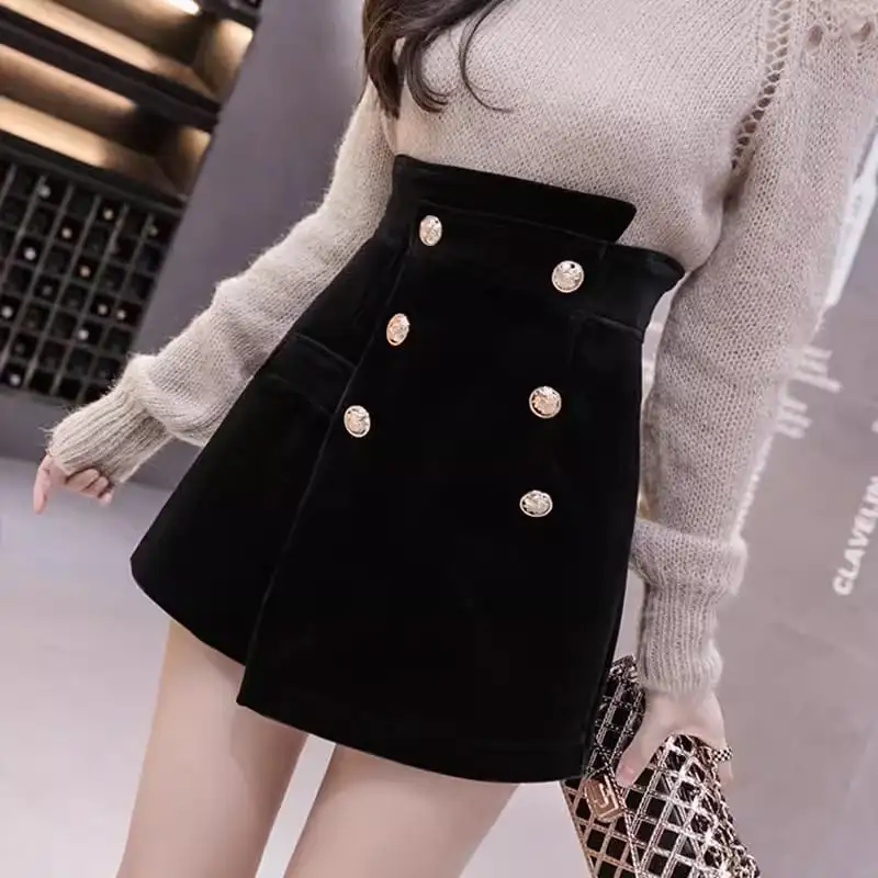 ボトムス スカート ミニ丈 ビロード ダブルブレスト 大きいサイズ