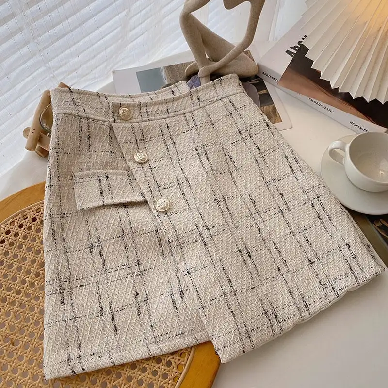 ボトムス スカート チェック柄 不規則 ハイウエスト