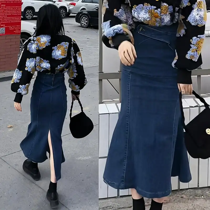 細見効果抜群 パプラム バックスリット ヒップアップ デニムスカート