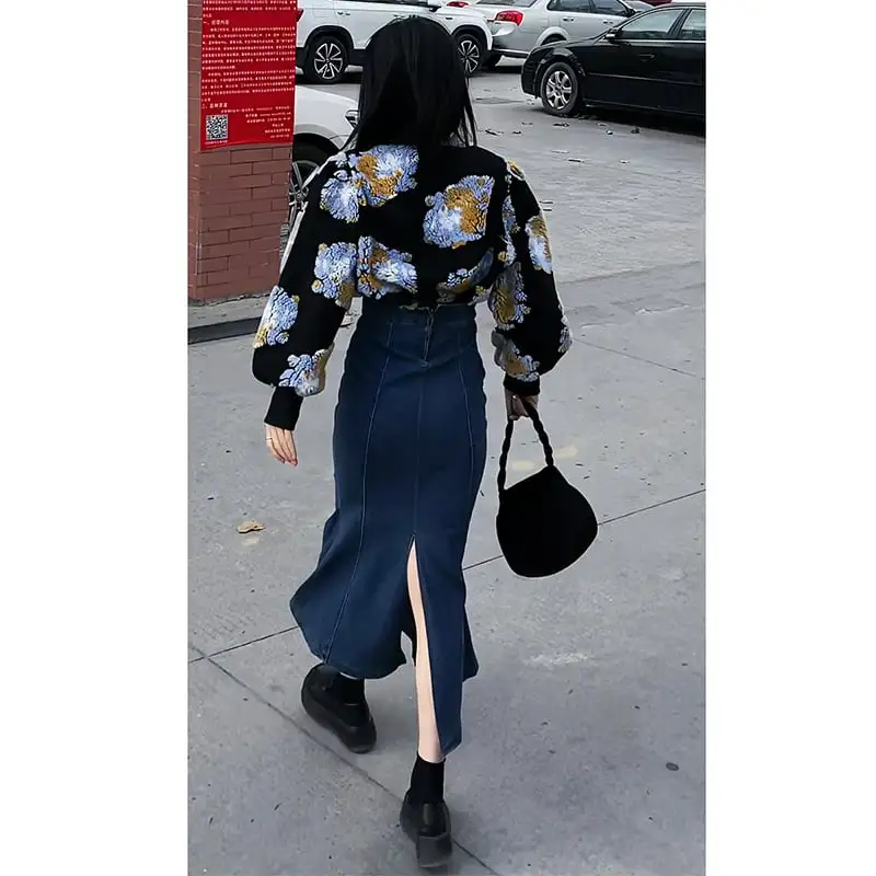 細見効果抜群 パプラム バックスリット ヒップアップ デニムスカート