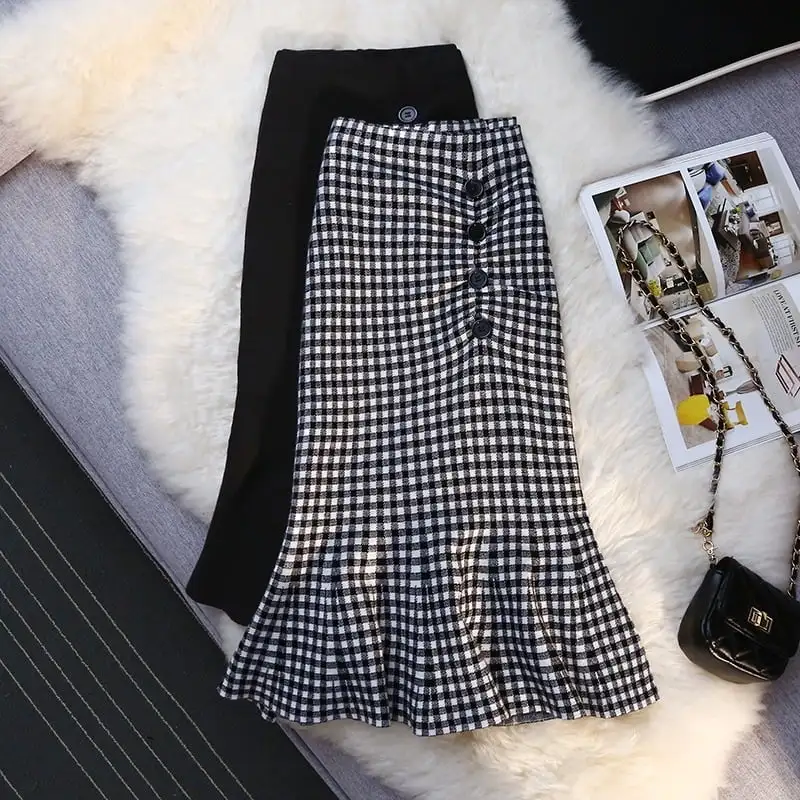 ボトムス スカート ニット ボタン ハイウエスト チェック柄