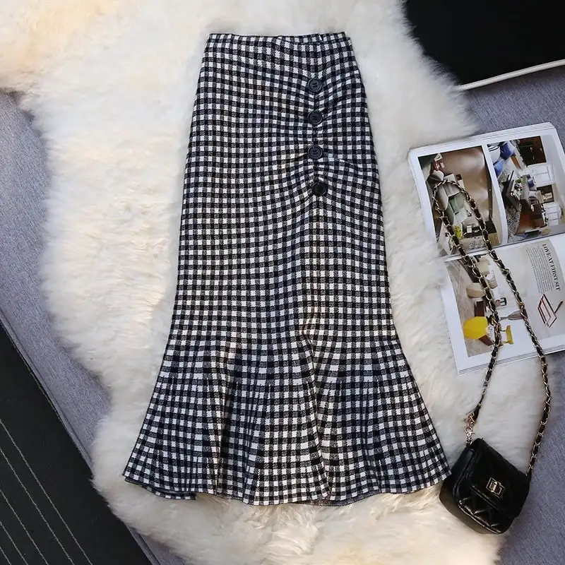 ボトムス スカート ニット ボタン ハイウエスト チェック柄