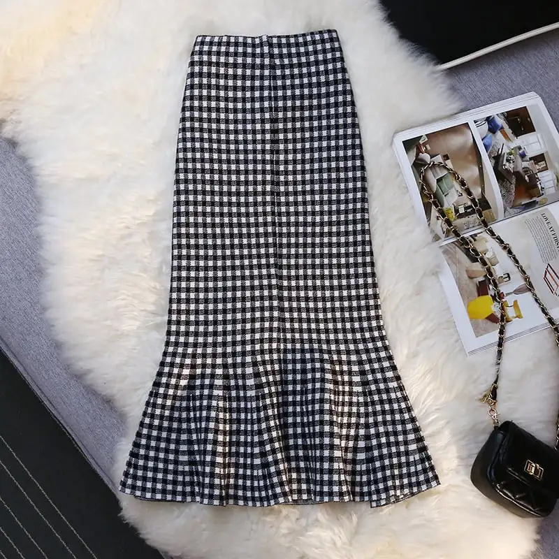 ボトムス スカート ニット ボタン ハイウエスト チェック柄