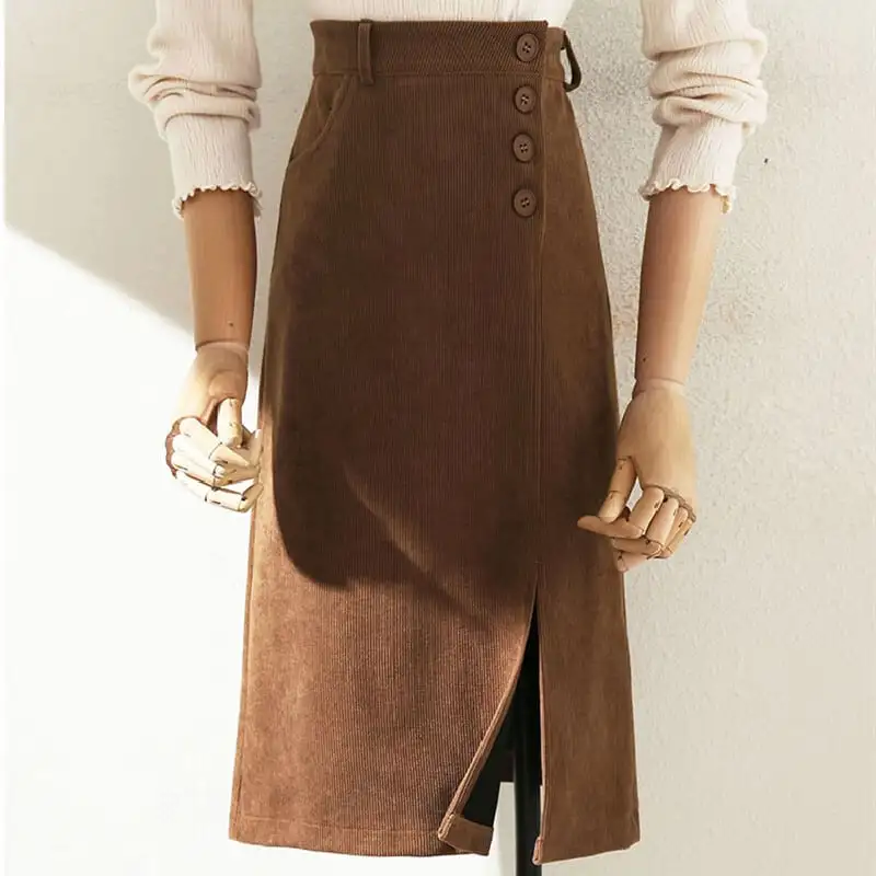 ボトムス スカート 3色展開 コーデュロイ ボタン 気質満点 通勤