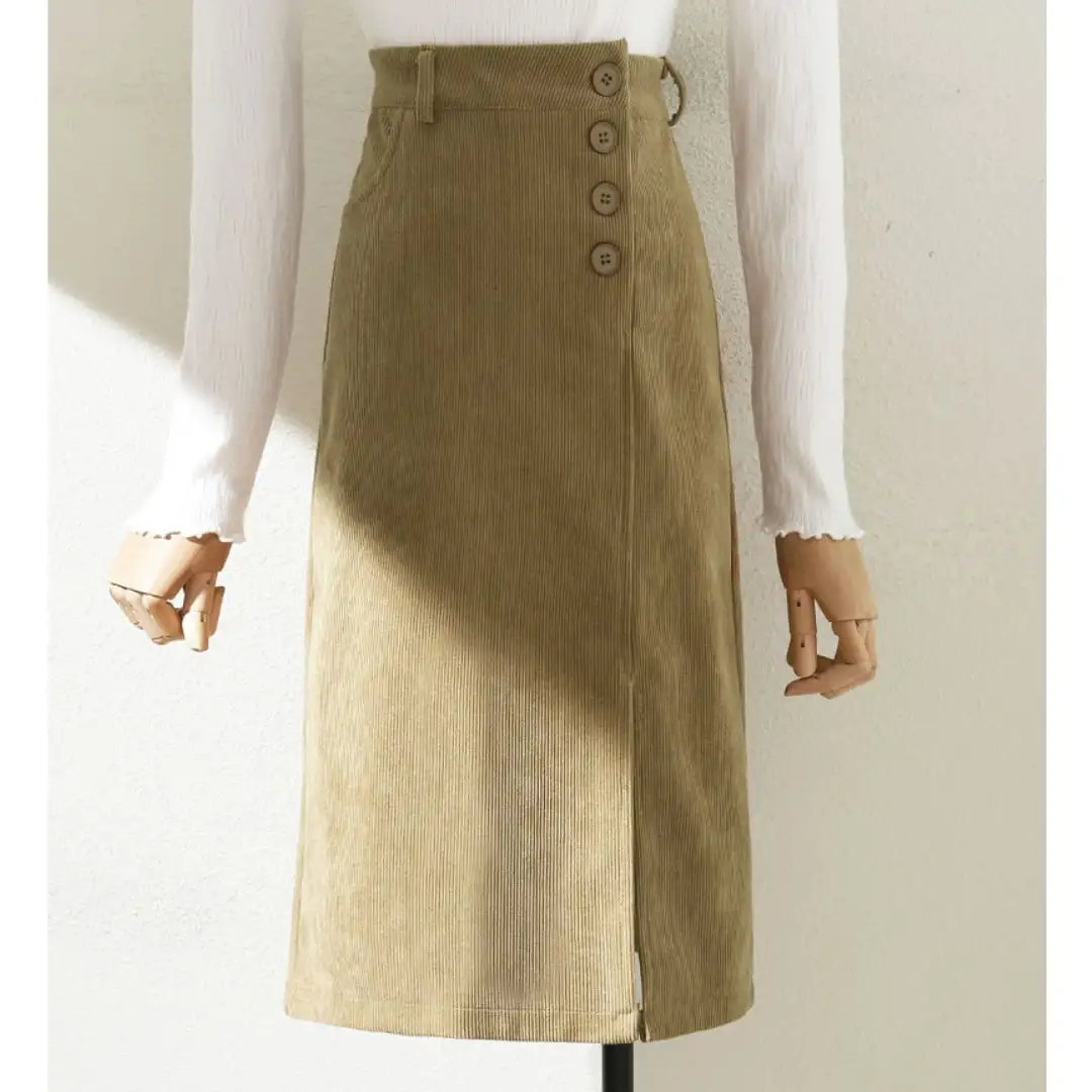 ボトムス スカート 3色展開 コーデュロイ ボタン 気質満点 通勤