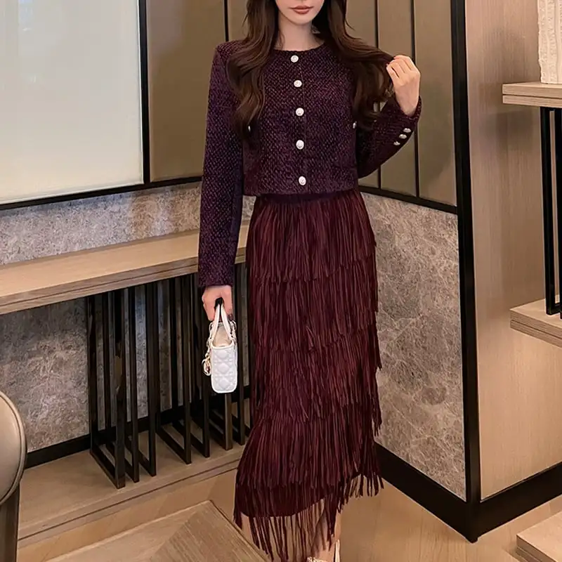 セットアップ ジャケット+スカート ツイード 長袖 デザイン感 大きいサイズ