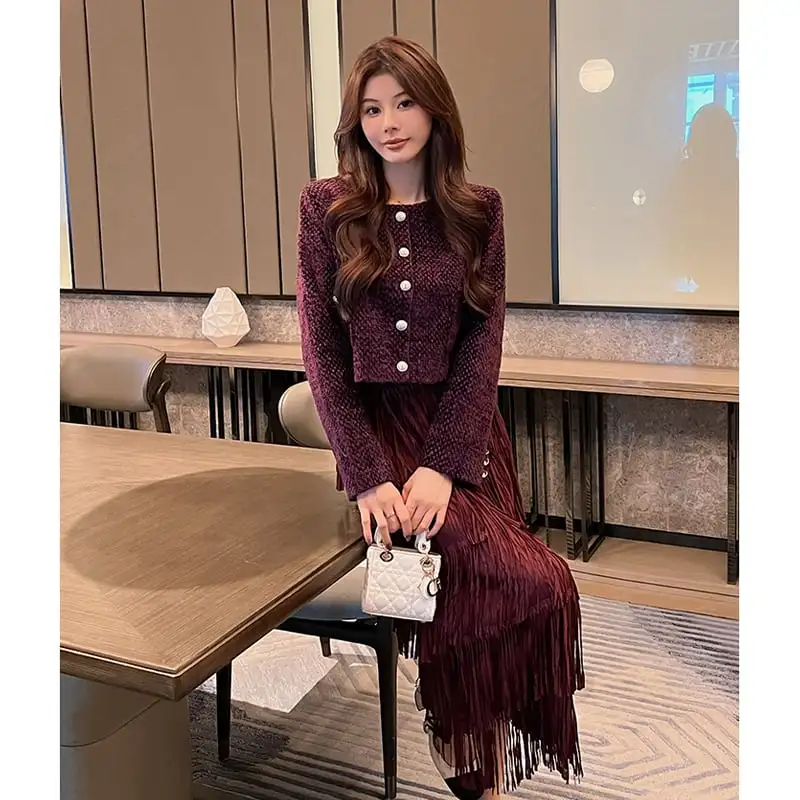 セットアップ ジャケット+スカート ツイード 長袖 デザイン感 大きいサイズ