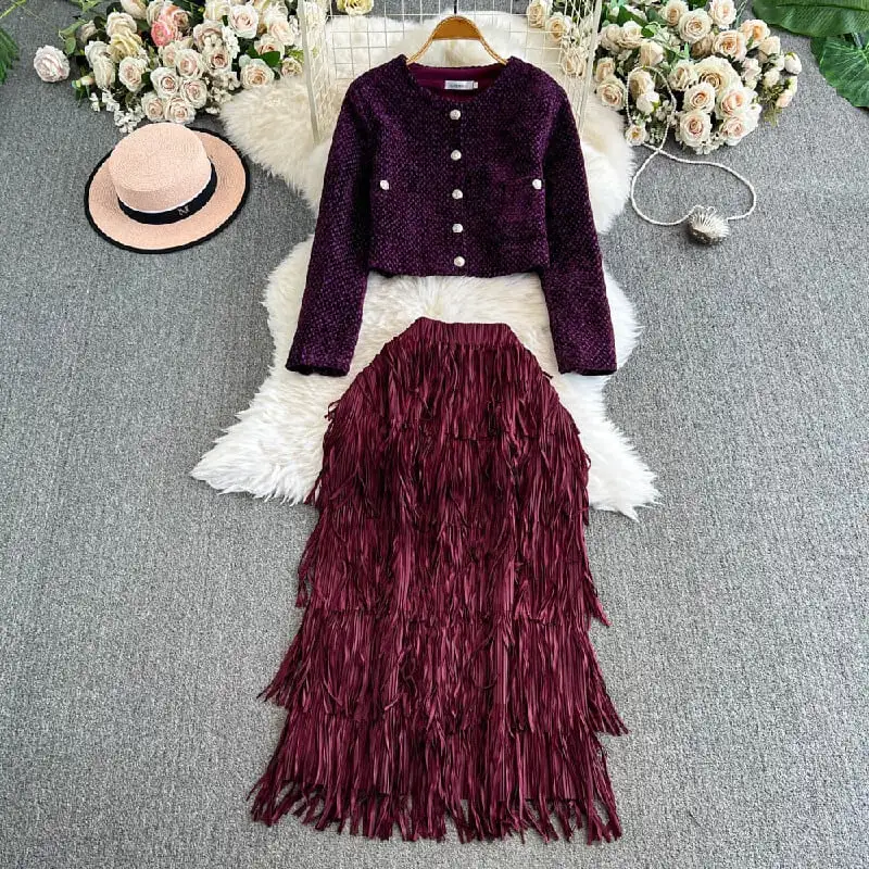 セットアップ ジャケット+スカート ツイード 長袖 デザイン感 大きいサイズ