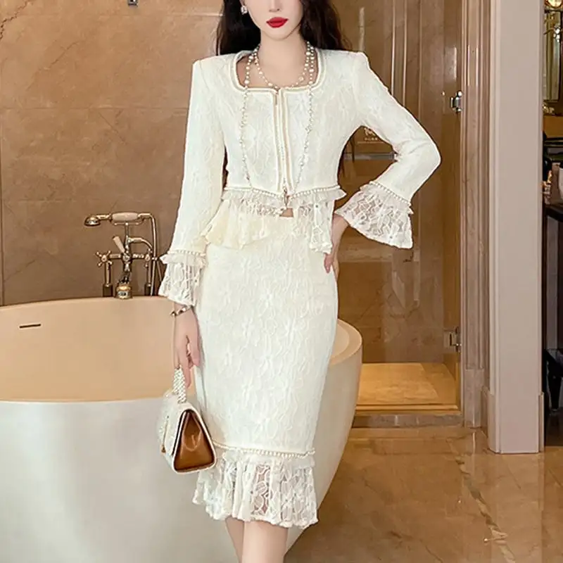 セットアップ スクエアネック レース 長袖 切り替え トップス+スカート