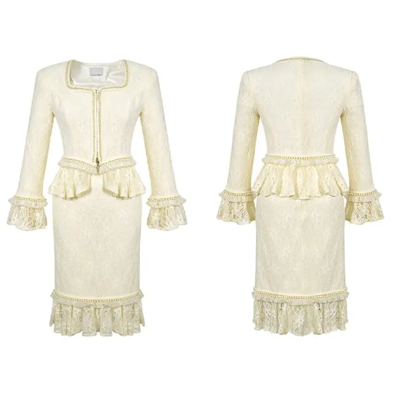 セットアップ スクエアネック レース 長袖 切り替え トップス+スカート