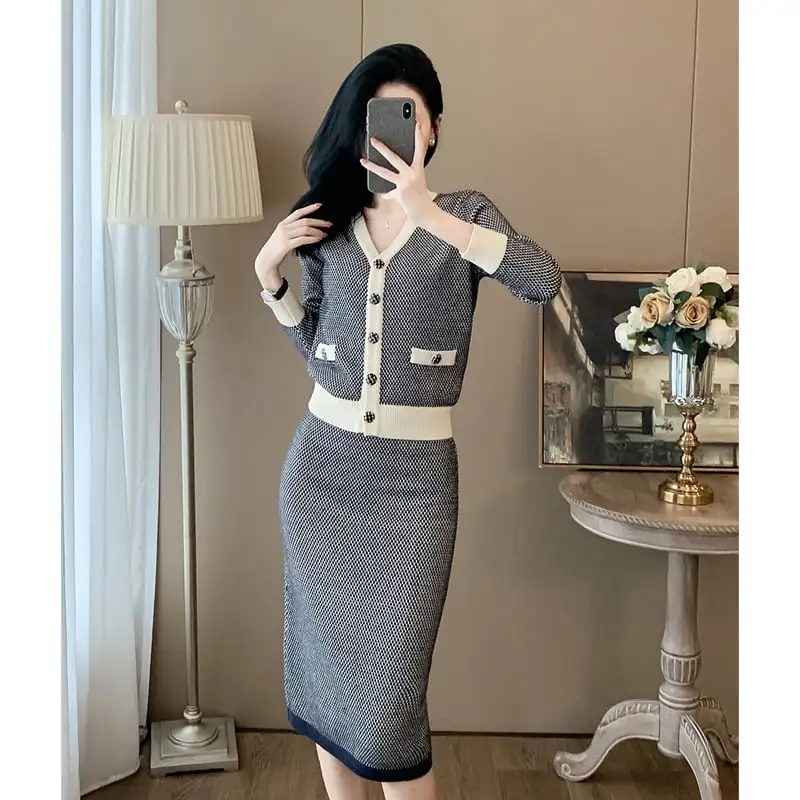 セットアップ トップス+スカート ニット Vネック フェミニン