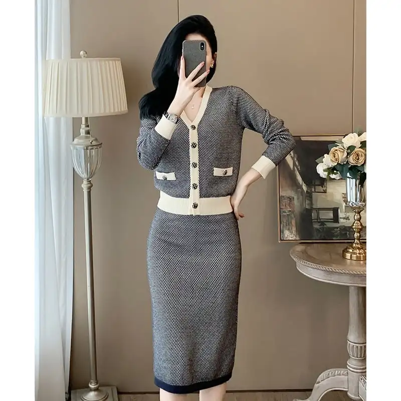 セットアップ トップス+スカート ニット Vネック フェミニン