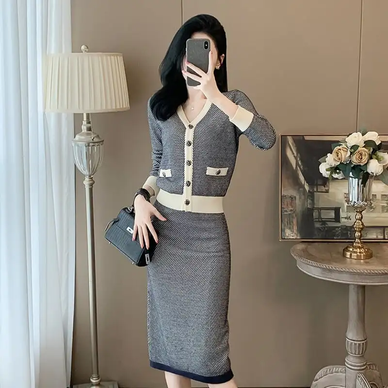 セットアップ トップス+スカート ニット Vネック フェミニン