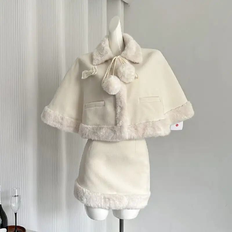 セットアップ マント+スカート スウィート 綿入れ 長袖 毛玉