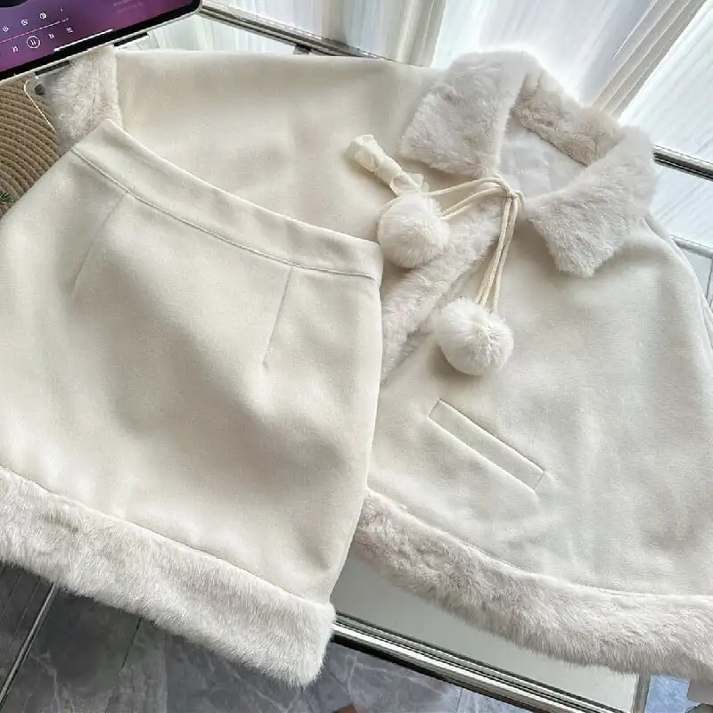 セットアップ マント+スカート スウィート 綿入れ 長袖 毛玉