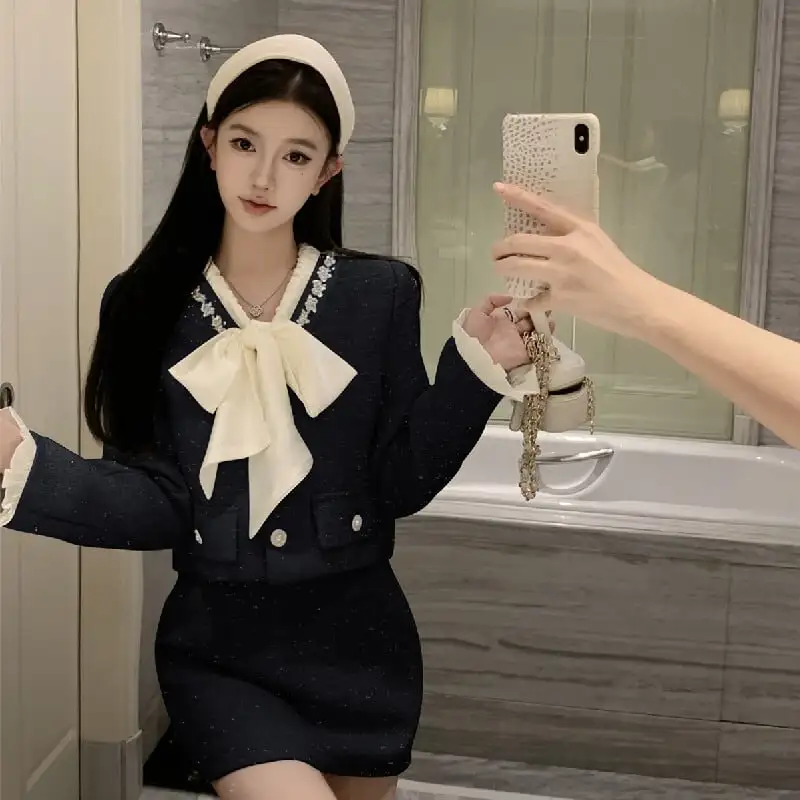 セットアップ ジャケット+スカート 2色展開 リボン ツイード