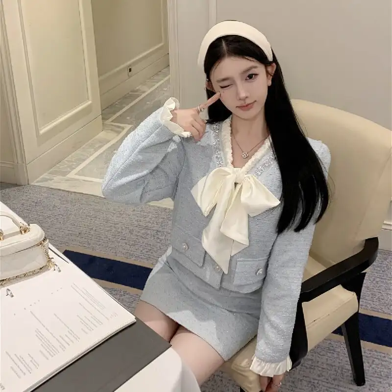 セットアップ ジャケット+スカート 2色展開 リボン ツイード