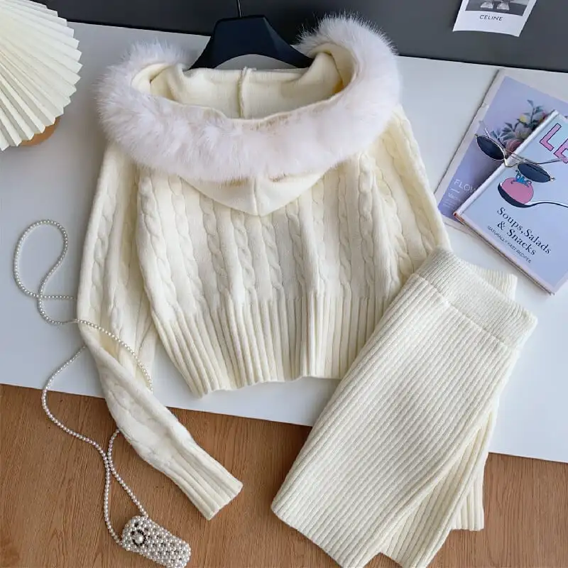 セットアップ トップス+スカート 2色展開 ニット フード付き