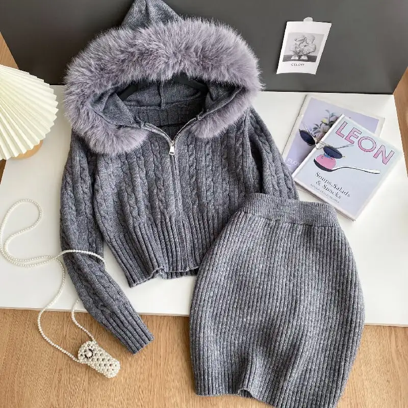 セットアップ トップス+スカート 2色展開 ニット フード付き