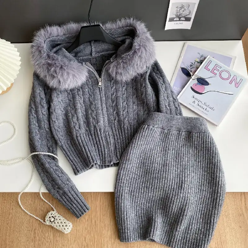 セットアップ トップス+スカート 2色展開 ニット フード付き