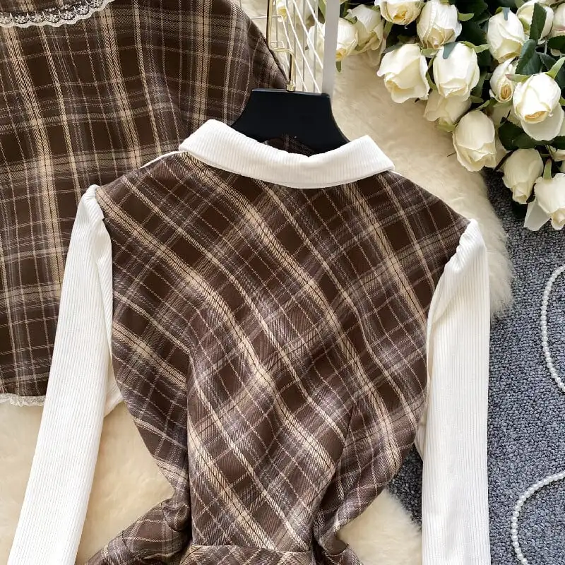 セットアップ マント+ワンピース 毛玉 スウィート チェック柄 フェイクレイヤード