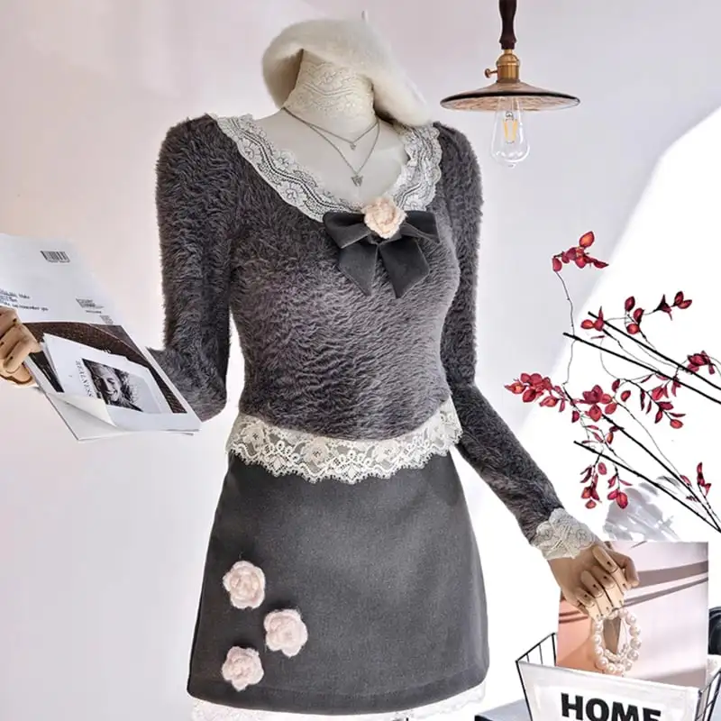 セットアップ トップス+スカート レース 花飾り スウィート
