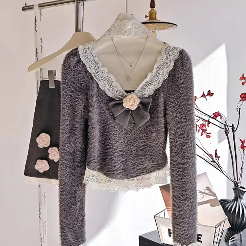 セットアップ トップス+スカート レース 花飾り スウィート