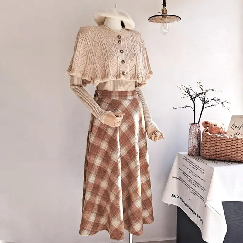 セットアップ 3点セット ニット ハイウエスト 気質 チェック柄