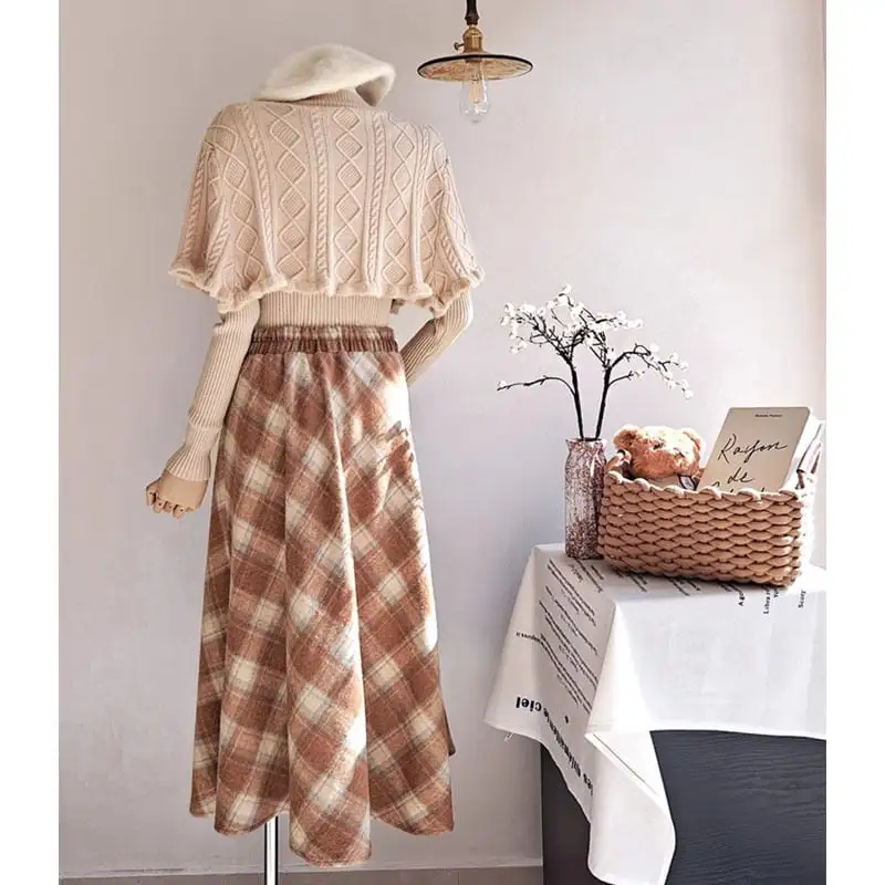 セットアップ 3点セット ニット ハイウエスト 気質 チェック柄
