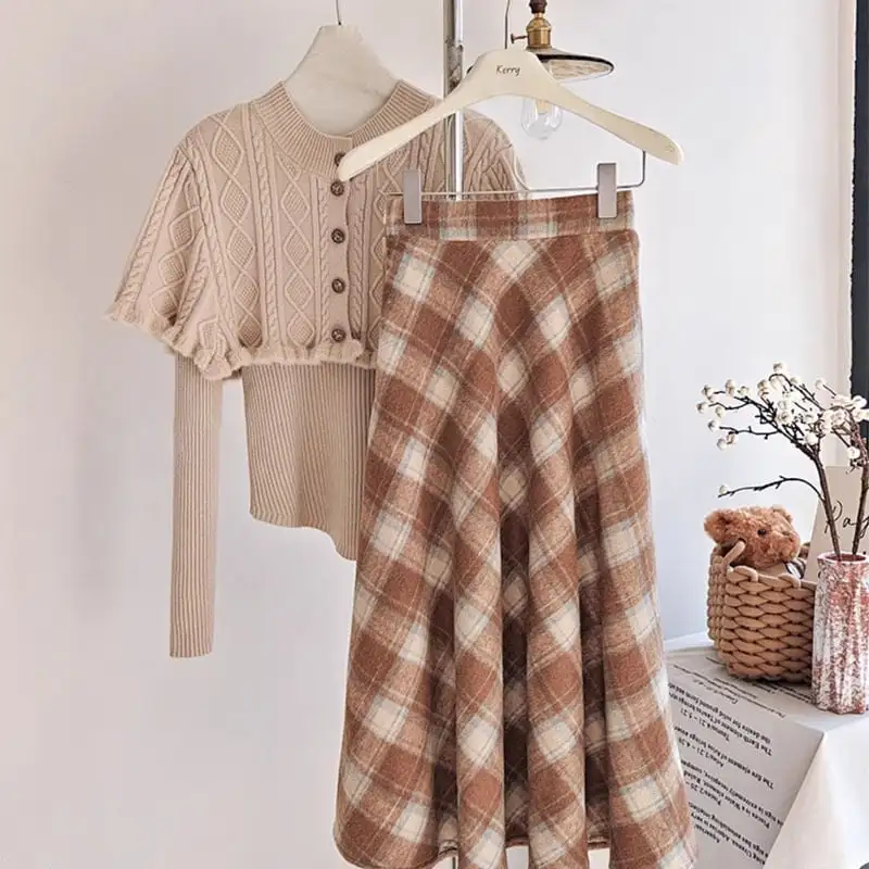 セットアップ 3点セット ニット ハイウエスト 気質 チェック柄