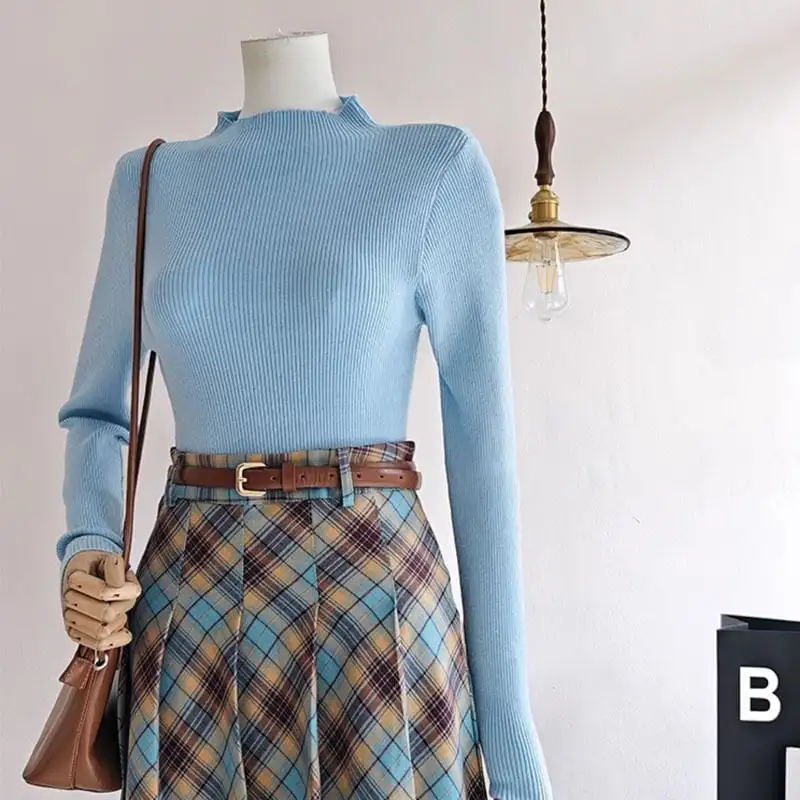 セットアップ トップス+スカート ニット ハイウエスト チェック柄