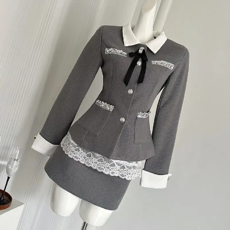 セットアップ トップス+スカート POLOネック レース 洗練される