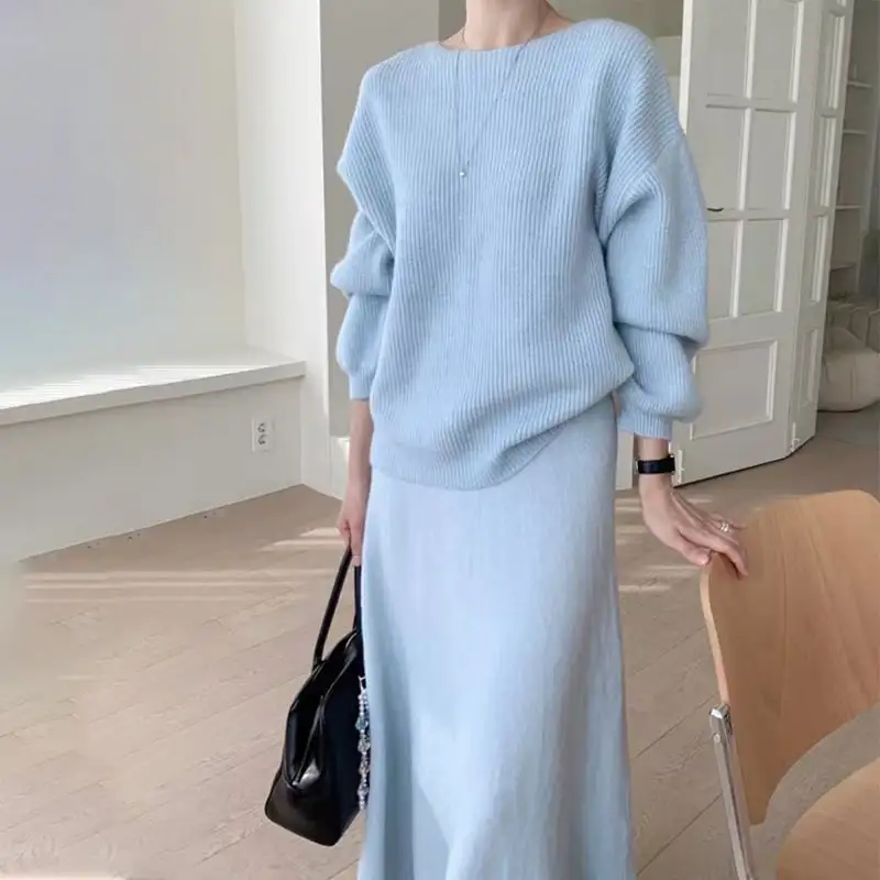 セットアップ ３色展開 トップス+スカート ニット 無地