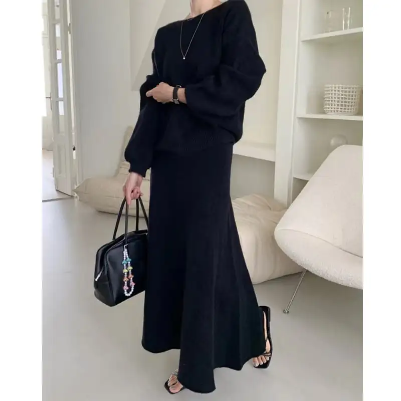 セットアップ ３色展開 トップス+スカート ニット 無地