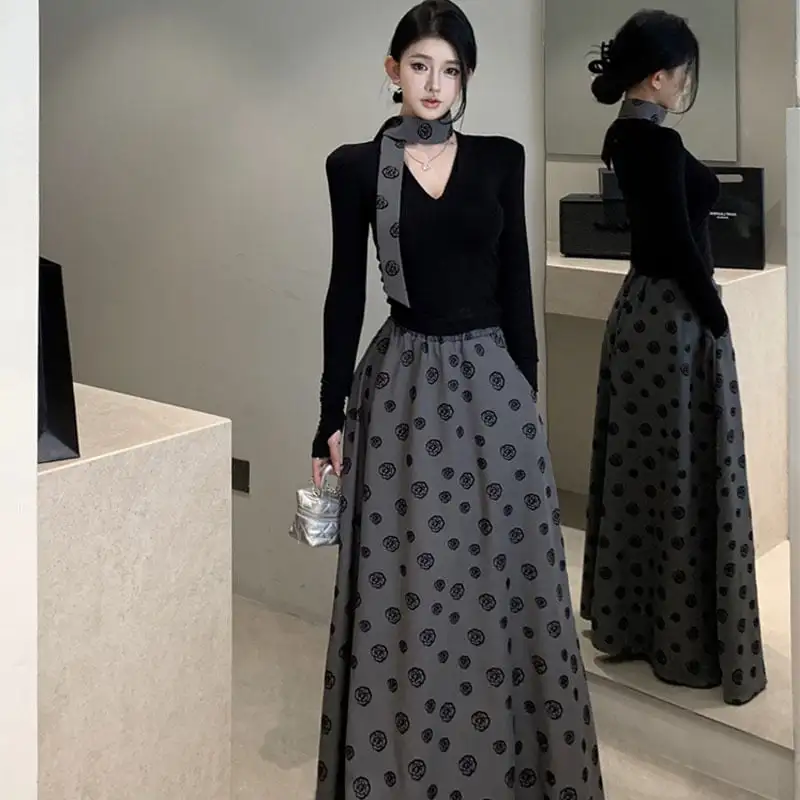 セットアップ トップス+スカート 大振裾 Vネック カジュアル 花柄