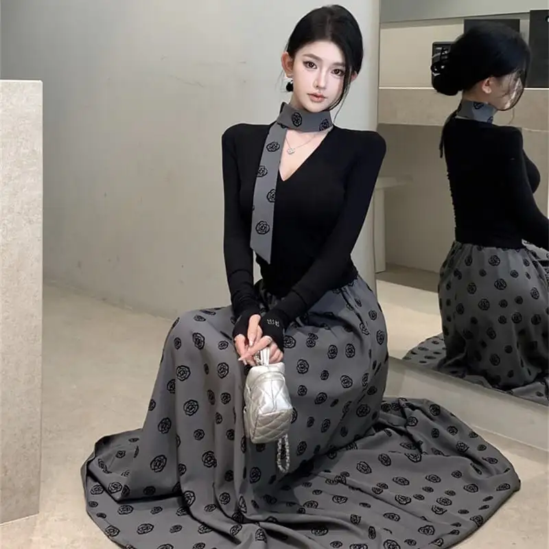 セットアップ トップス+スカート 大振裾 Vネック カジュアル 花柄