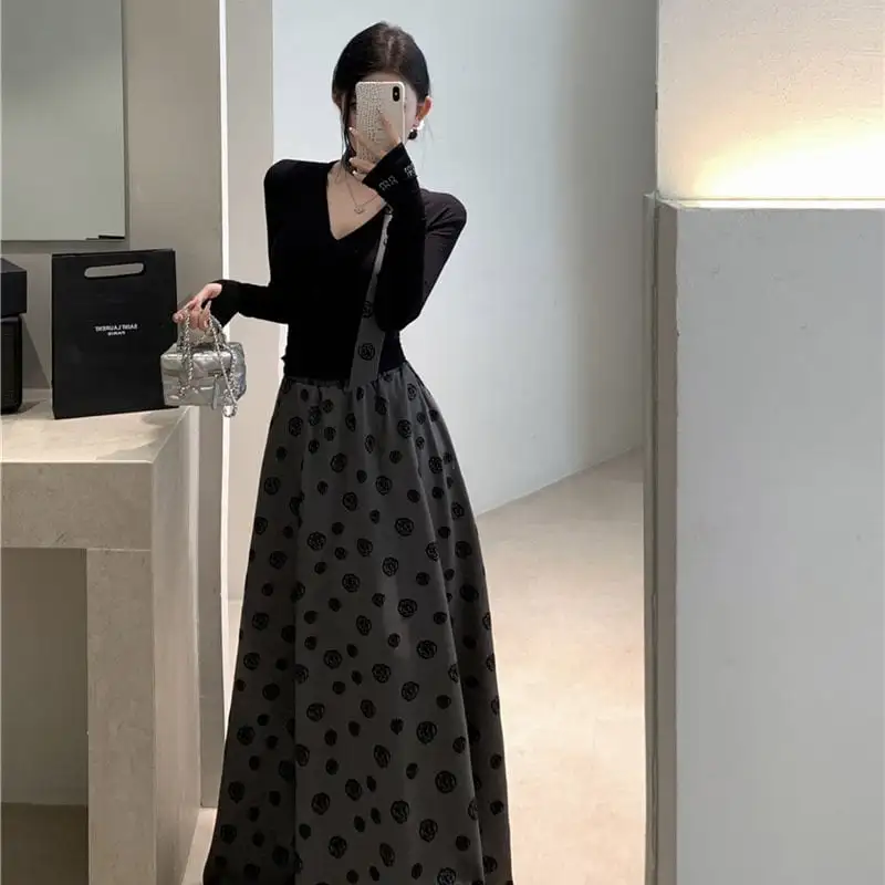 セットアップ トップス+スカート 大振裾 Vネック カジュアル 花柄