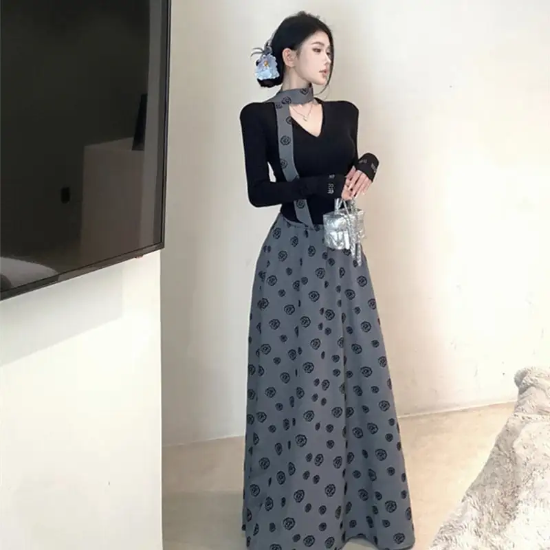 セットアップ トップス+スカート 大振裾 Vネック カジュアル 花柄